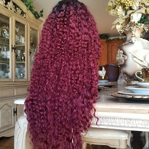Ombre Black Burgundy Curly Lace Front Wig main image 9